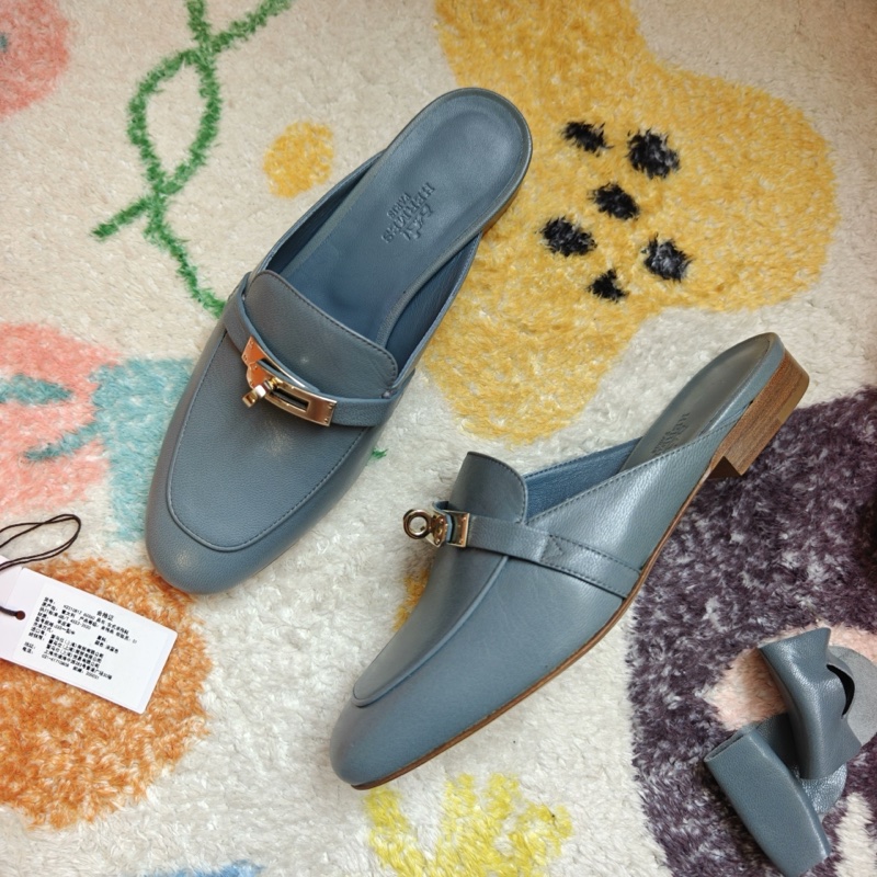 Hermes愛馬仕OZ霧霾藍淺金扣Kelly扣穆勒鞋  37碼-3