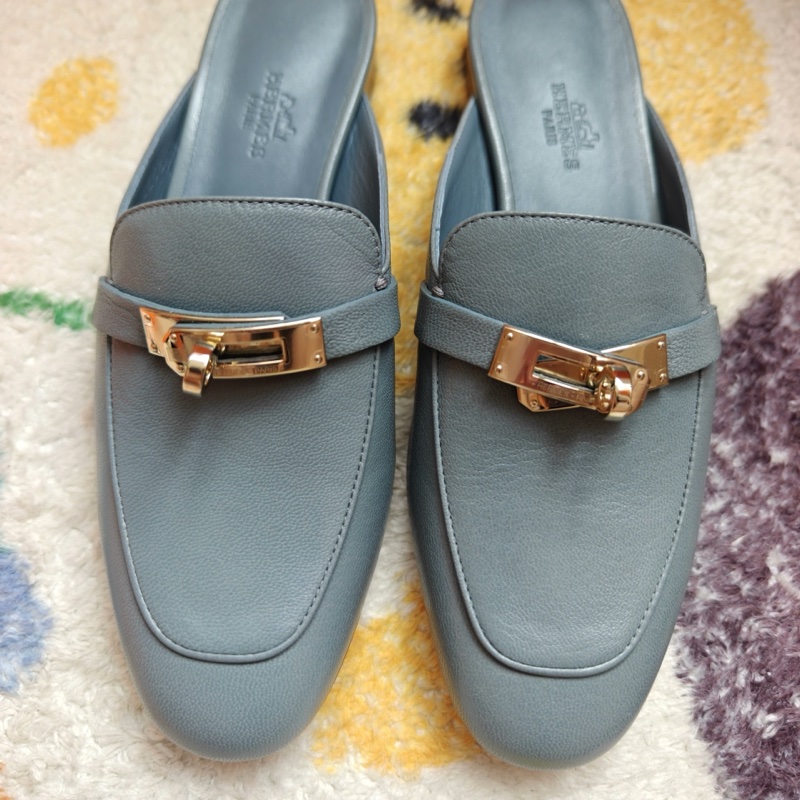 Hermes愛馬仕OZ霧霾藍淺金扣Kelly扣穆勒鞋  37碼-5