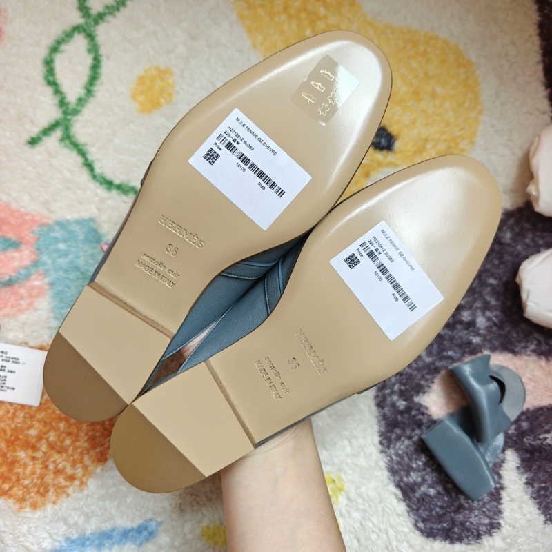 Hermes愛馬仕OZ霧霾藍淺金扣Kelly扣穆勒鞋  37碼-6