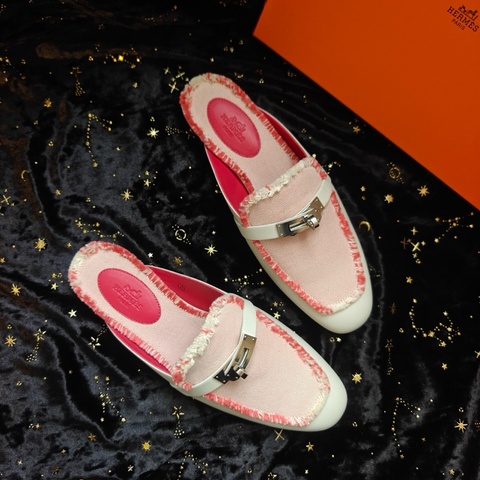 Hermes穆勒鞋愛馬仕OZ粉色帆布拼皮Kelly扣 38碼