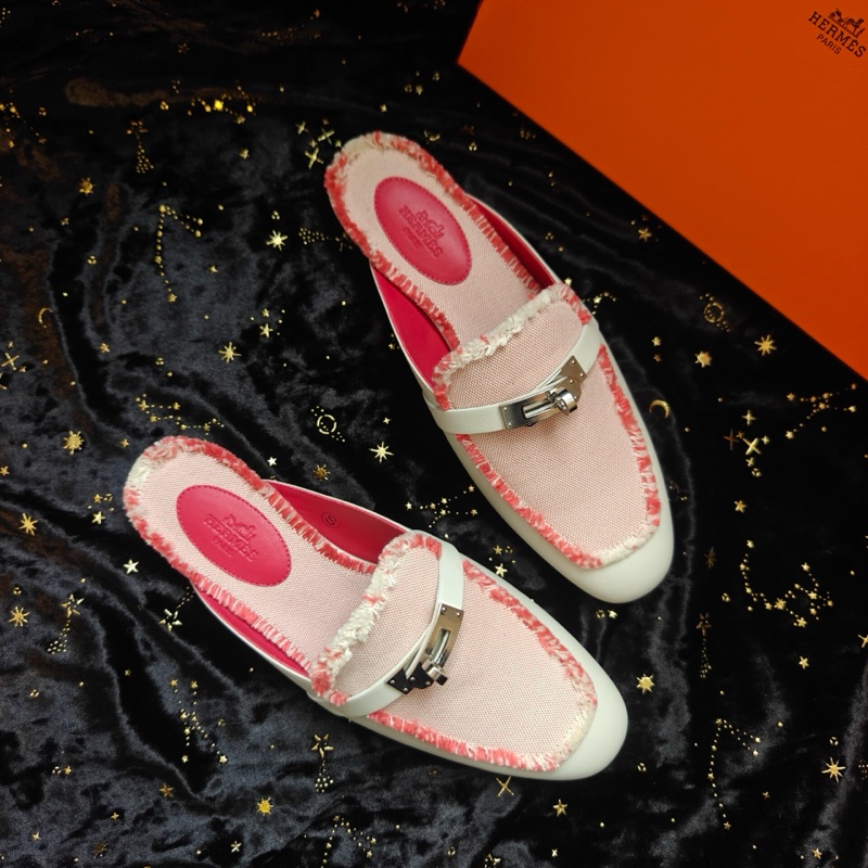 Hermes穆勒鞋愛馬仕OZ粉色帆布拼皮Kelly扣 38碼-0