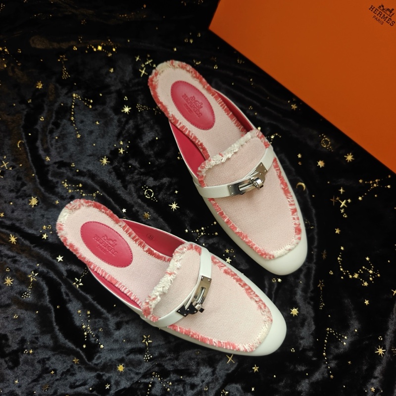 Hermes穆勒鞋愛馬仕OZ粉色帆布拼皮Kelly扣 38碼-1
