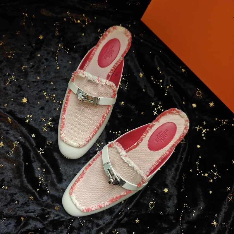 Hermes穆勒鞋愛馬仕OZ粉色帆布拼皮Kelly扣 38碼-2