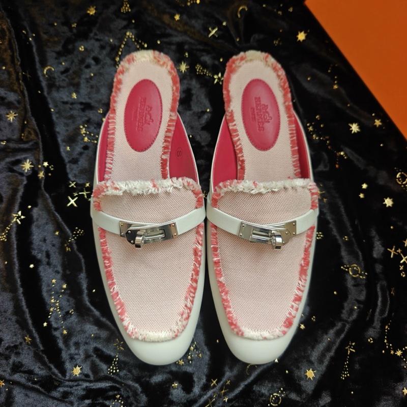 Hermes穆勒鞋愛馬仕OZ粉色帆布拼皮Kelly扣 38碼-3