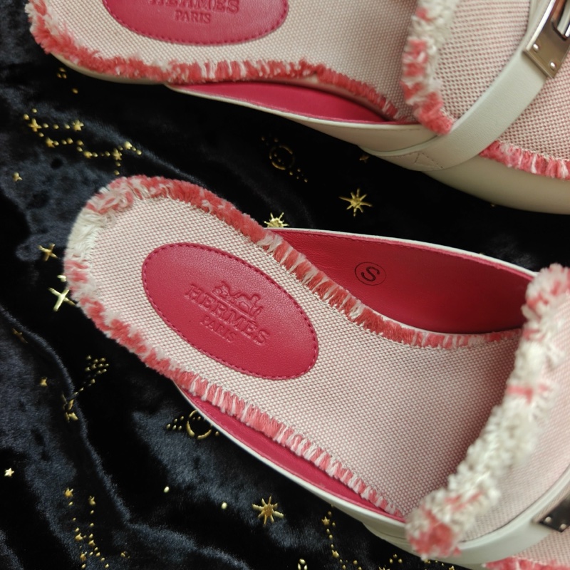 Hermes穆勒鞋愛馬仕OZ粉色帆布拼皮Kelly扣 38碼-4
