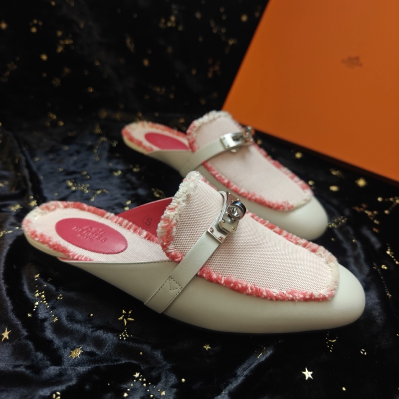 Hermes穆勒鞋愛馬仕OZ粉色帆布拼皮Kelly扣 38碼-5