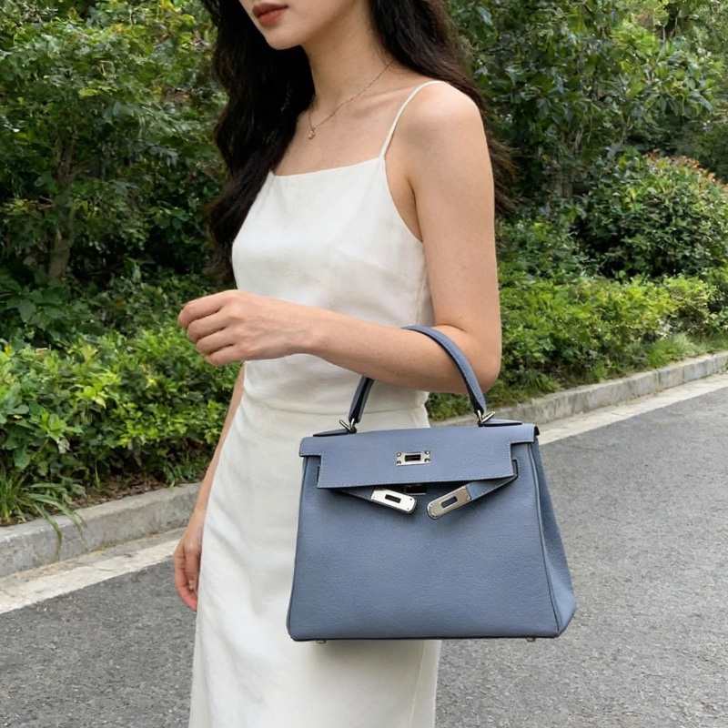 Hermes Kelly28 EV皮 J7亞麻藍 99新配件鎖 塵袋 購證 雨衣 鑰匙肩袋-0