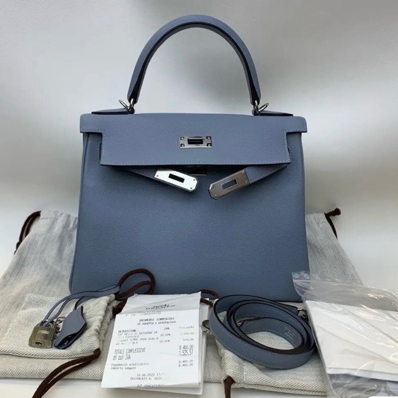 Hermes Kelly28 EV皮 J7亞麻藍 99新配件鎖 塵袋 購證 雨衣 鑰匙肩袋-1
