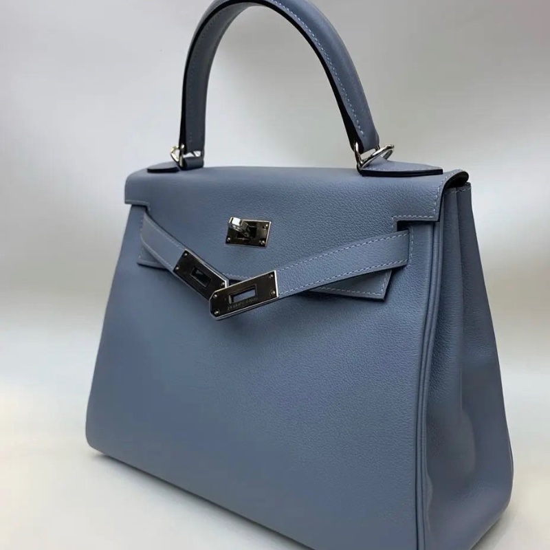 Hermes Kelly28 EV皮 J7亞麻藍 99新配件鎖 塵袋 購證 雨衣 鑰匙肩袋-4