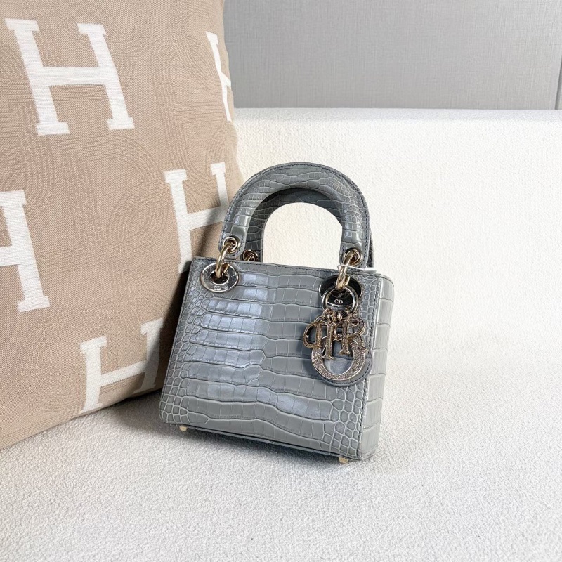 Dior鑽扣鰐魚皮三格黛妃 灰色 金扣 17*14*5 99新購證 塵袋肩帶 保卡-4