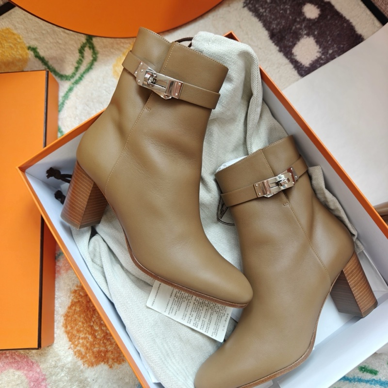 Hermes靴子愛馬仕奶茶色Kelly扣高跟踝靴 37碼-0