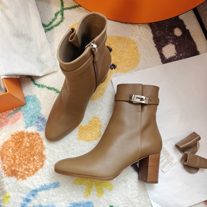 Hermes靴子愛馬仕奶茶色Kelly扣高跟踝靴 37碼-2