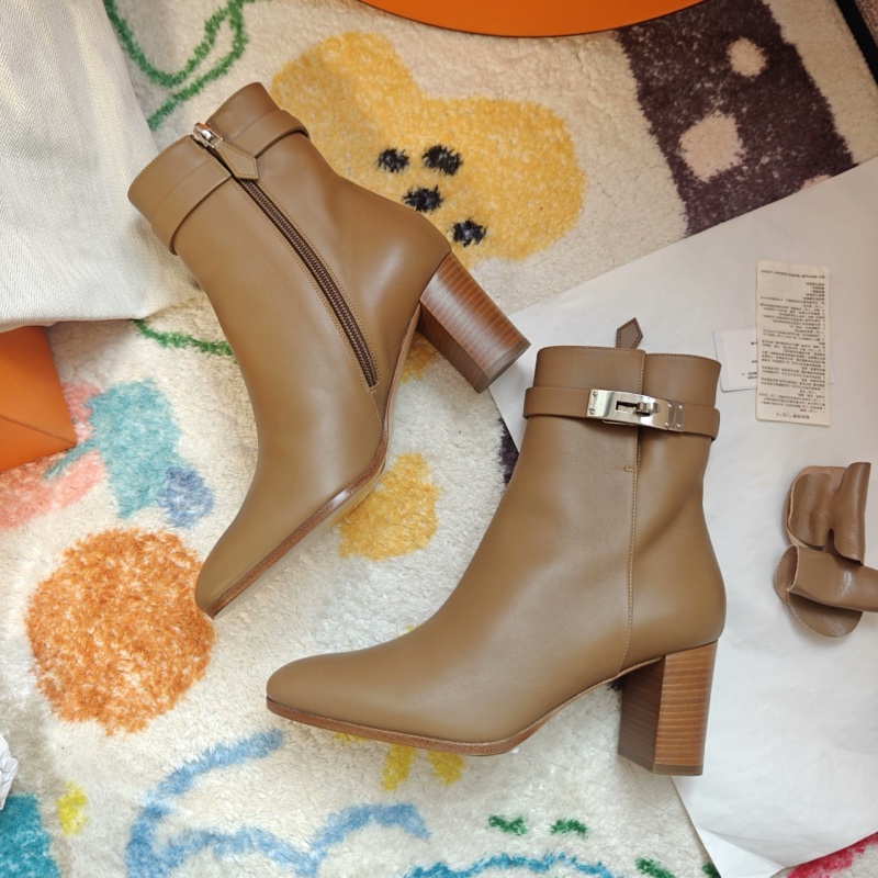 Hermes靴子愛馬仕奶茶色Kelly扣高跟踝靴 37碼-6