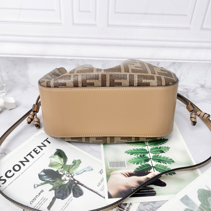 FENDI 棕色膠囊系列Pomodorino 老花拼皮迷你抽繩肩背斜背手提包21x14x17 98新配件塵袋購證吊牌-3