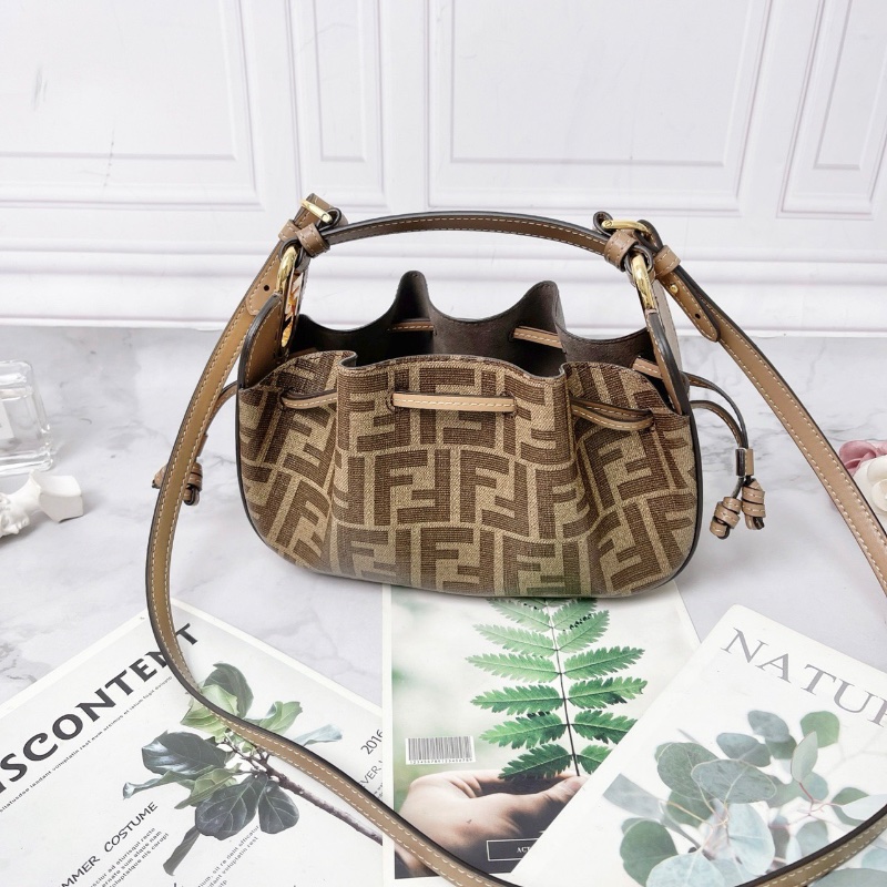 FENDI 棕色膠囊系列Pomodorino 老花拼皮迷你抽繩肩背斜背手提包21x14x17 98新配件塵袋購證吊牌-4