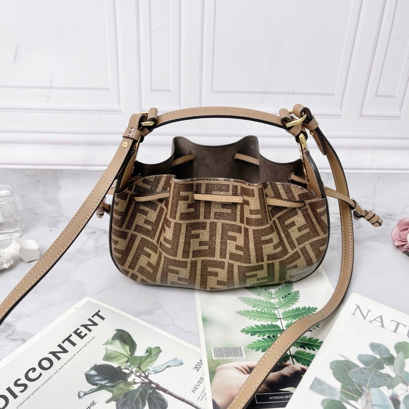 FENDI 棕色膠囊系列Pomodorino 老花拼皮迷你抽繩肩背斜背手提包21x14x17 98新配件塵袋購證吊牌-5