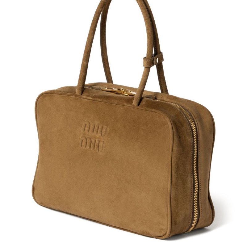 ⏰限時特賣價🌺Miu Miu 5BB117 大款麂皮 Beau 保齡球包 橄欖綠沙色-9