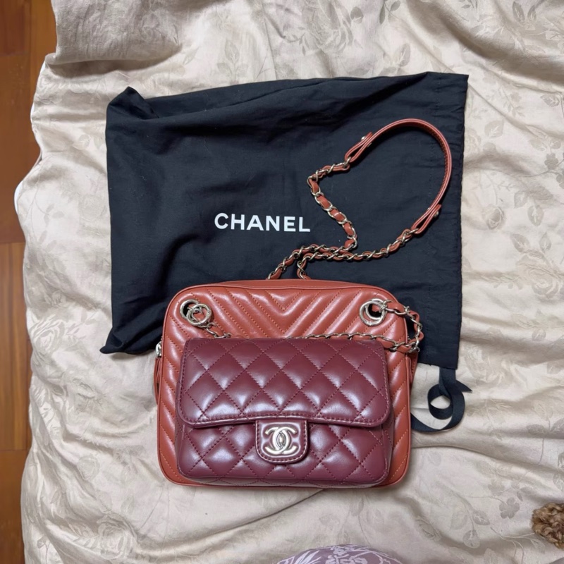 Chanel香奈兒雙子包｜限量拼色｜鏈條款 紅色+酒紅色，子母設計 卡片在，塵袋-4