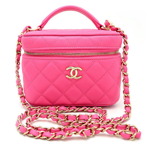 香奈兒小姐絎縫化妝單肩包，魚子醬紋皮革，粉紅色