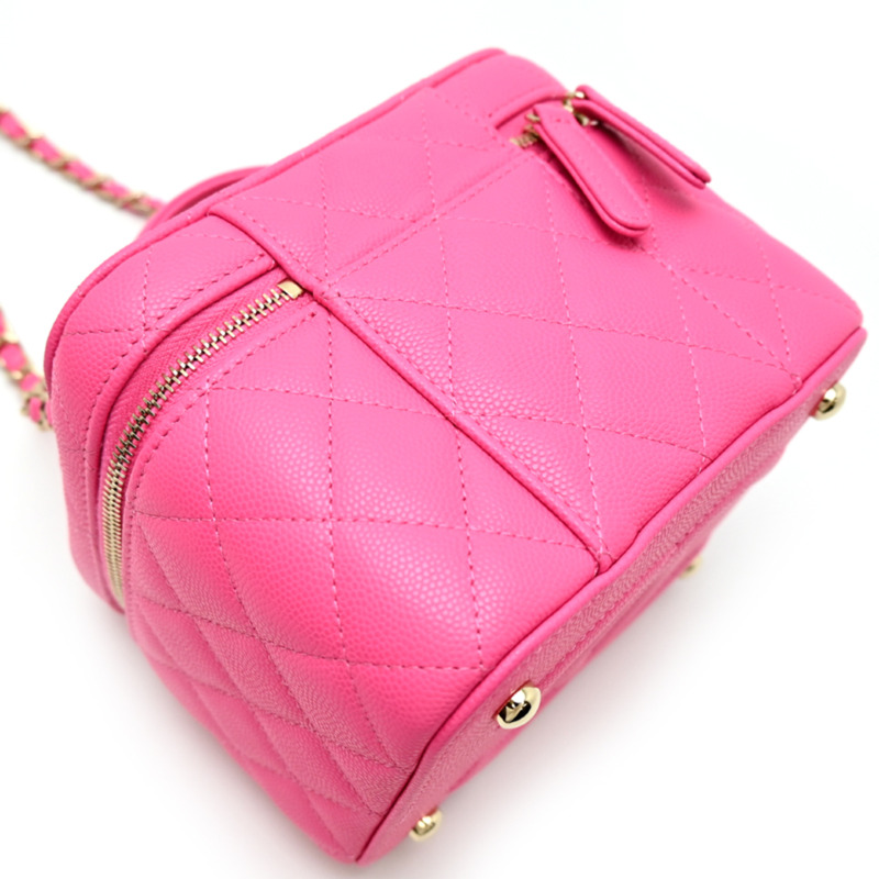 香奈兒小姐絎縫化妝單肩包，魚子醬紋皮革，粉紅色-3