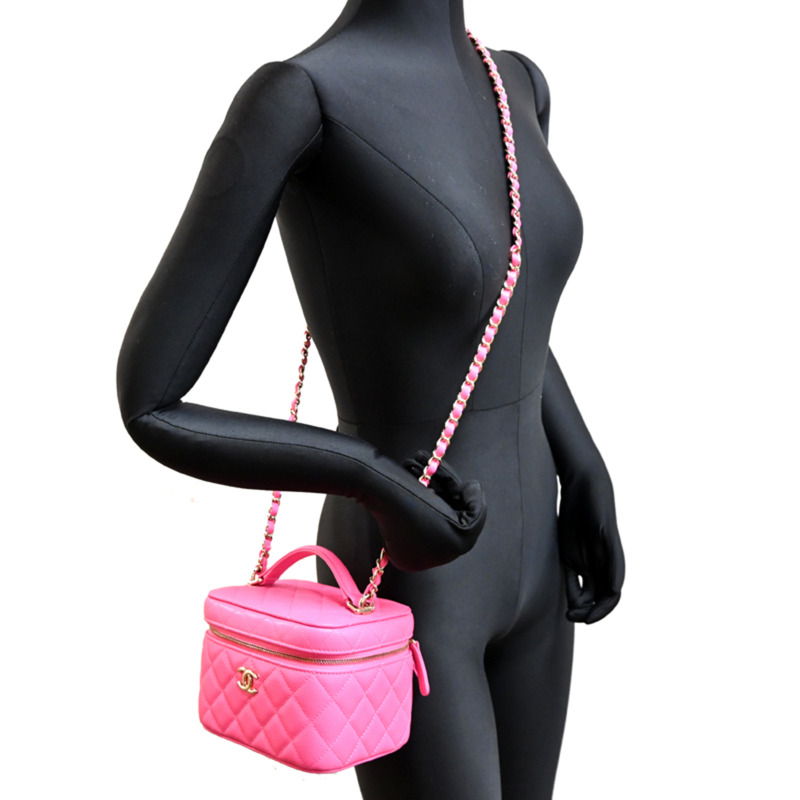 香奈兒小姐絎縫化妝單肩包，魚子醬紋皮革，粉紅色-8