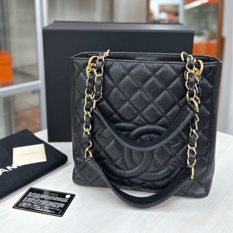 【近新閒置品】香奈兒 Chanel 黑金荔枝牛皮小號PST購物袋
