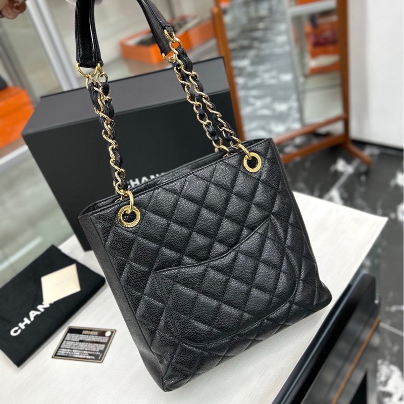 【近新閒置品】香奈兒 Chanel 黑金荔枝牛皮小號PST購物袋-1