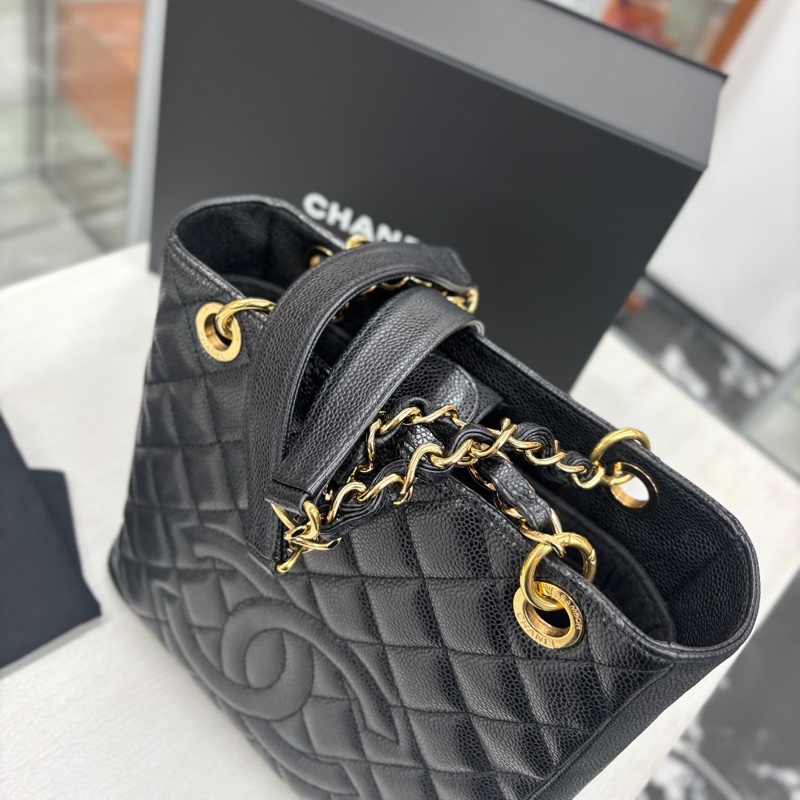 【近新閒置品】香奈兒 Chanel 黑金荔枝牛皮小號PST購物袋-2