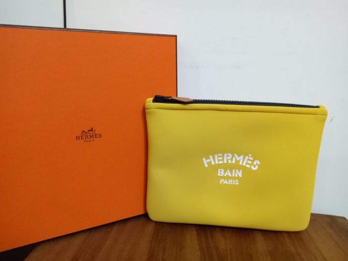 HERMES愛馬仕BAIN 化妝包 收納包 附原裝盒裝黃色稀有款手拿包-4