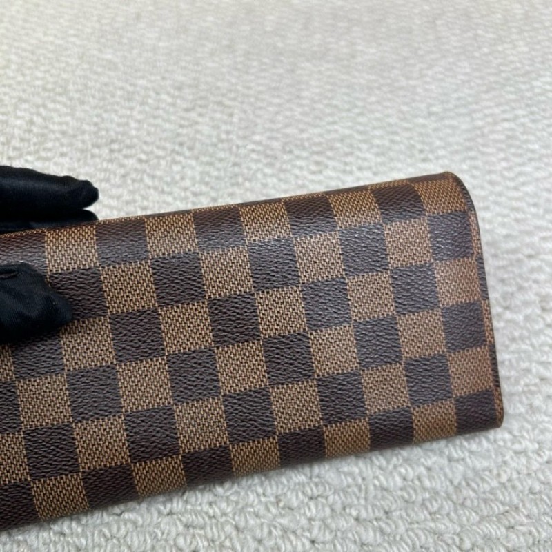 LV路易威登棕色棋盤格豆豆長款錢包 有刻字 經典棋盤格配紅色內裡 卡位多容量大-3