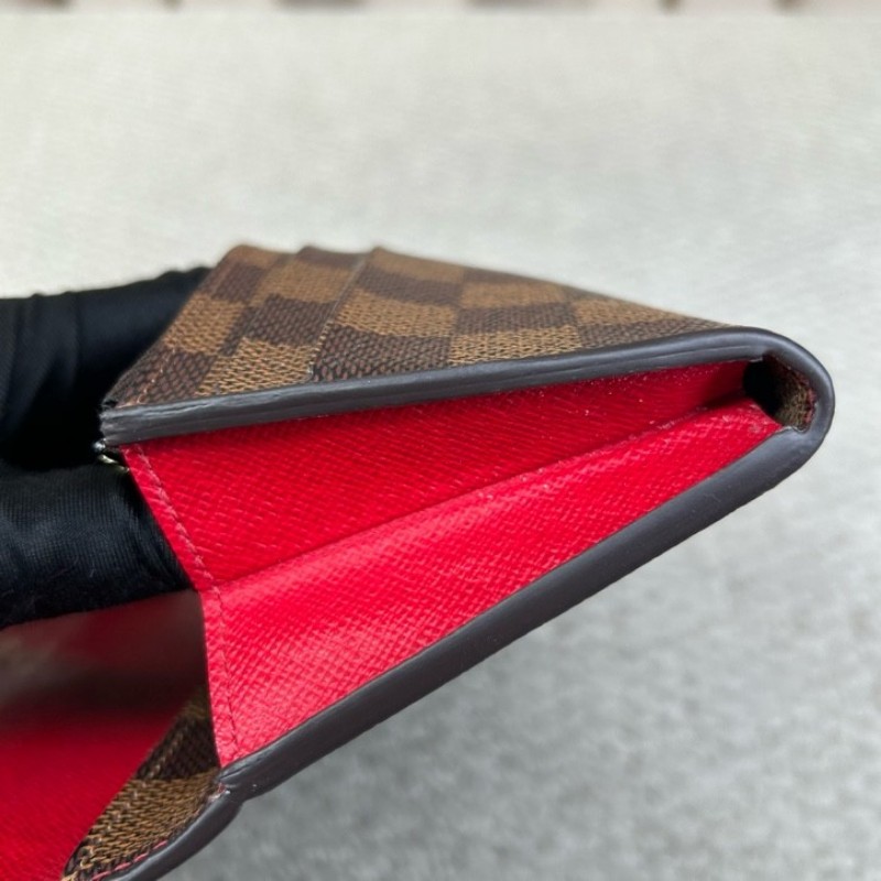 LV路易威登棕色棋盤格豆豆長款錢包 有刻字 經典棋盤格配紅色內裡 卡位多容量大-9