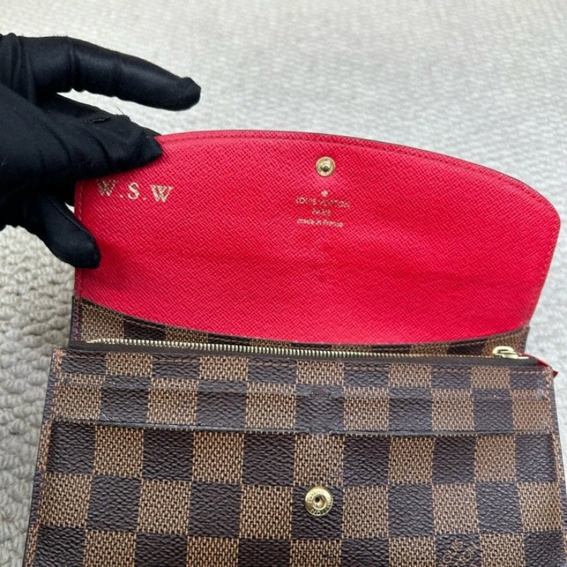 LV路易威登棕色棋盤格豆豆長款錢包 有刻字 經典棋盤格配紅色內裡 卡位多容量大-16