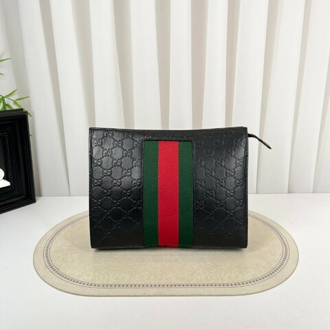 GUCCI古馳  經典手拿包 黑色雙G壓紋配紅綠條紋男士皮革手拿包