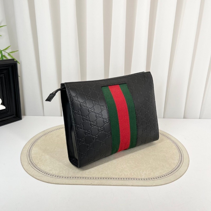 GUCCI古馳  經典手拿包 黑色雙G壓紋配紅綠條紋男士皮革手拿包-2