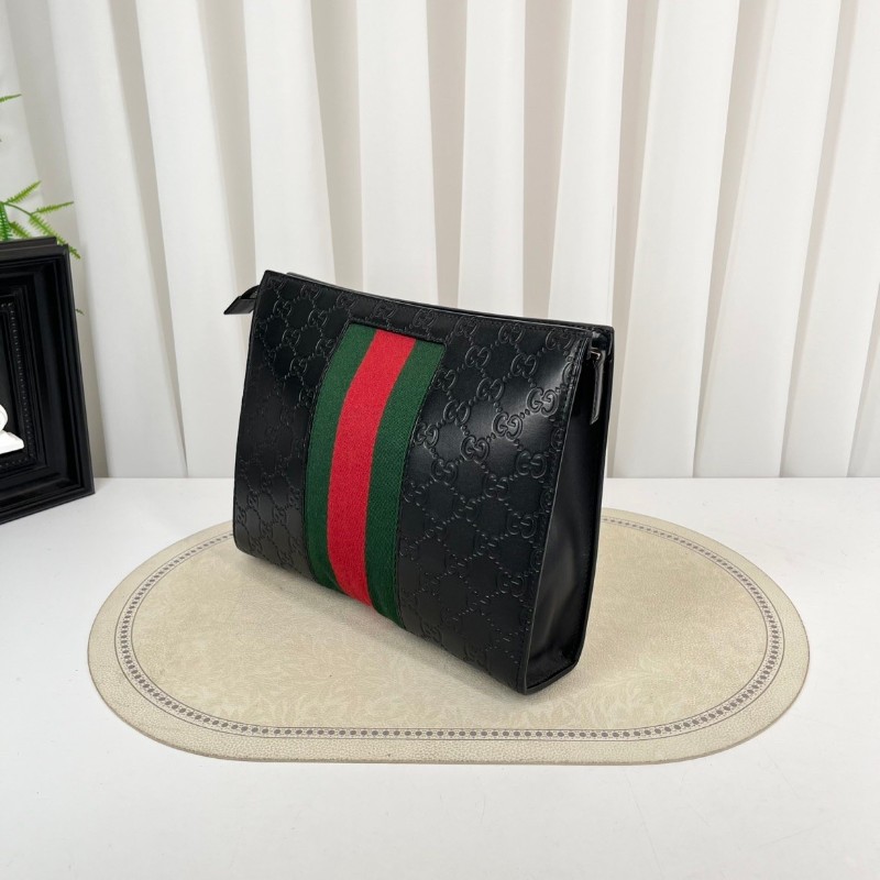 GUCCI古馳  經典手拿包 黑色雙G壓紋配紅綠條紋男士皮革手拿包-3