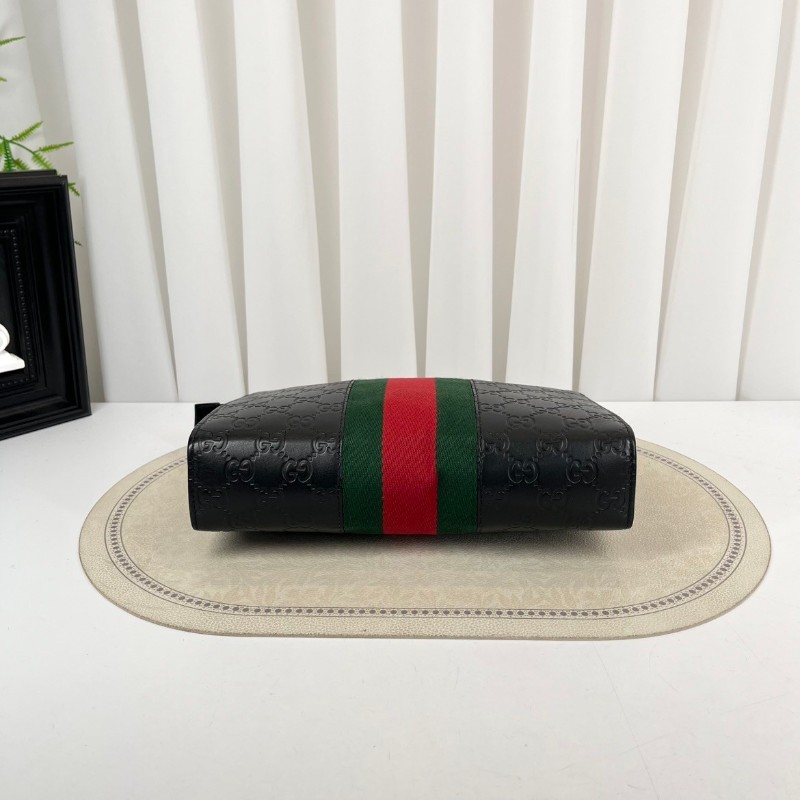 GUCCI古馳  經典手拿包 黑色雙G壓紋配紅綠條紋男士皮革手拿包-4