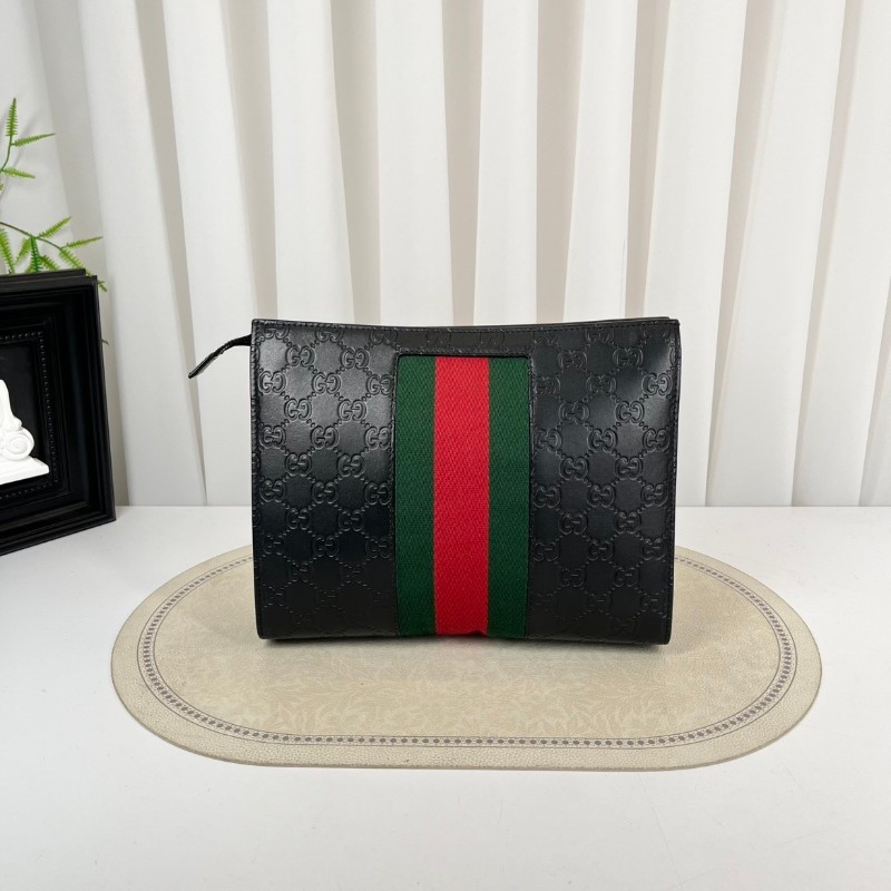 GUCCI古馳  經典手拿包 黑色雙G壓紋配紅綠條紋男士皮革手拿包-6