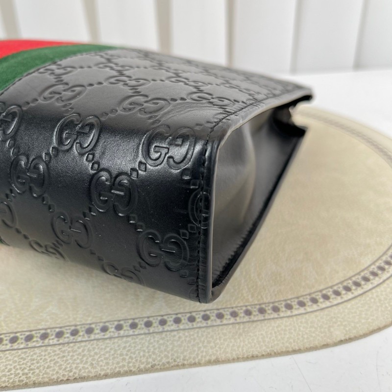 GUCCI古馳  經典手拿包 黑色雙G壓紋配紅綠條紋男士皮革手拿包-8