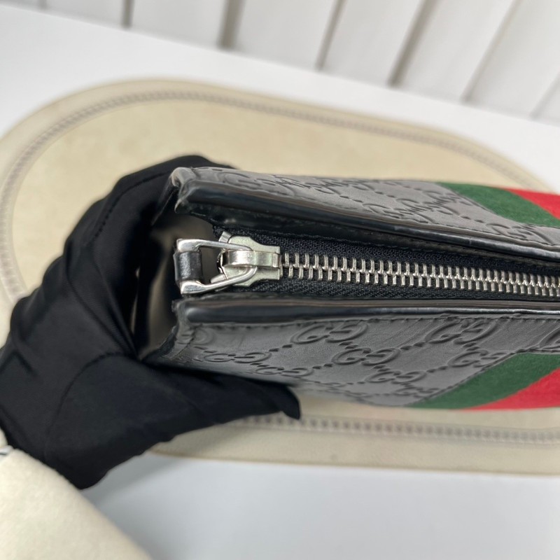 GUCCI古馳  經典手拿包 黑色雙G壓紋配紅綠條紋男士皮革手拿包-14