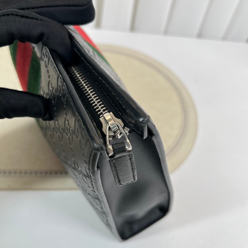 GUCCI古馳  經典手拿包 黑色雙G壓紋配紅綠條紋男士皮革手拿包-15