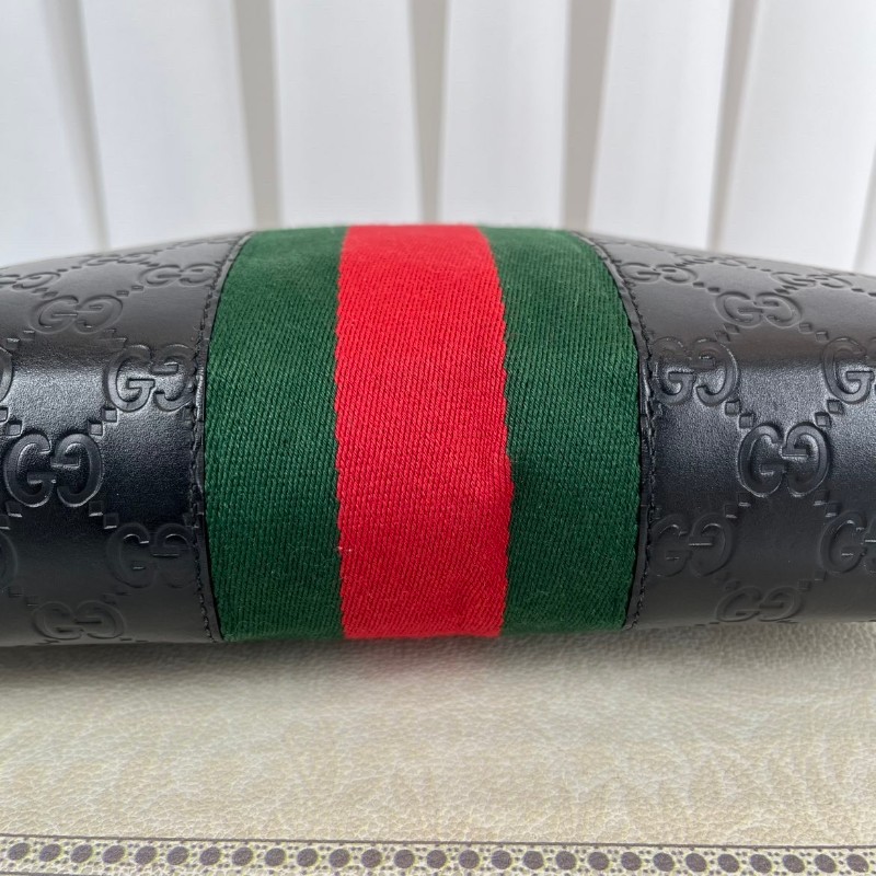 GUCCI古馳  經典手拿包 黑色雙G壓紋配紅綠條紋男士皮革手拿包-17