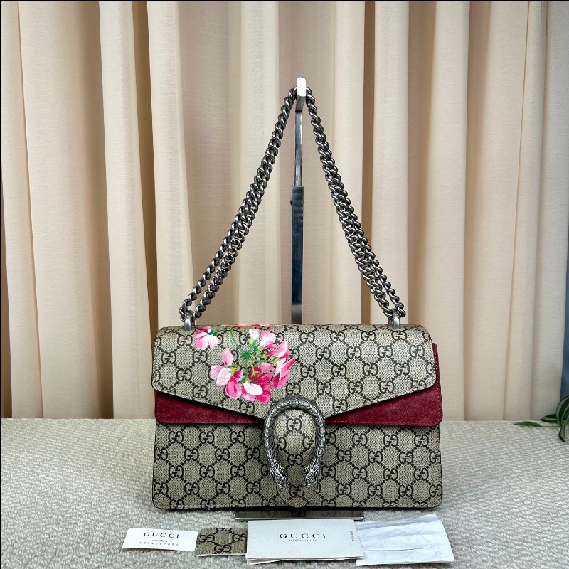 Gucci古馳酒神花卉鏈條包 經典老花配酒紅色麂皮 鏈條肩帶 可單肩可斜挎 容量實用 日常出門很方便-5