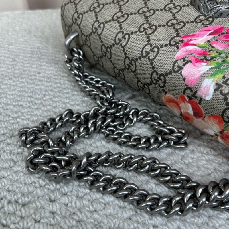 Gucci古馳酒神花卉鏈條包 經典老花配酒紅色麂皮 鏈條肩帶 可單肩可斜挎 容量實用 日常出門很方便-16