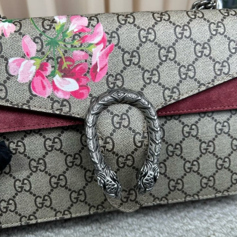 Gucci古馳酒神花卉鏈條包 經典老花配酒紅色麂皮 鏈條肩帶 可單肩可斜挎 容量實用 日常出門很方便-20