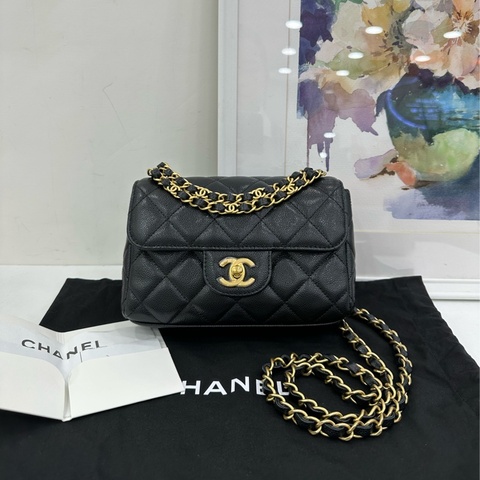 Chanel 香奈兒 25P黑金雙鏈方胖子 荔枝牛皮 晶片款 全新有購證 尺寸：18*13*5.5