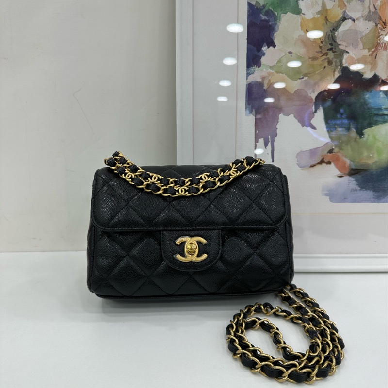 Chanel 香奈兒 25P黑金雙鏈方胖子 荔枝牛皮 晶片款 全新有購證 尺寸：18*13*5.5-1