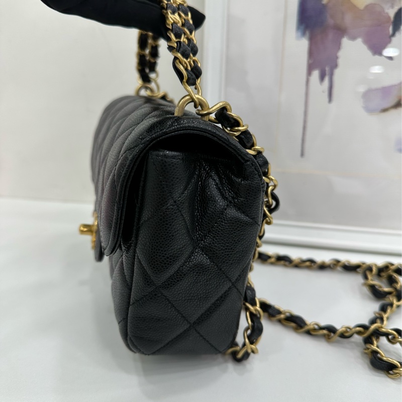 Chanel 香奈兒 25P黑金雙鏈方胖子 荔枝牛皮 晶片款 全新有購證 尺寸：18*13*5.5-3