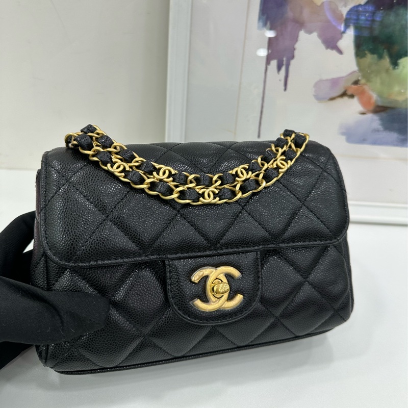 Chanel 香奈兒 25P黑金雙鏈方胖子 荔枝牛皮 晶片款 全新有購證 尺寸：18*13*5.5-6