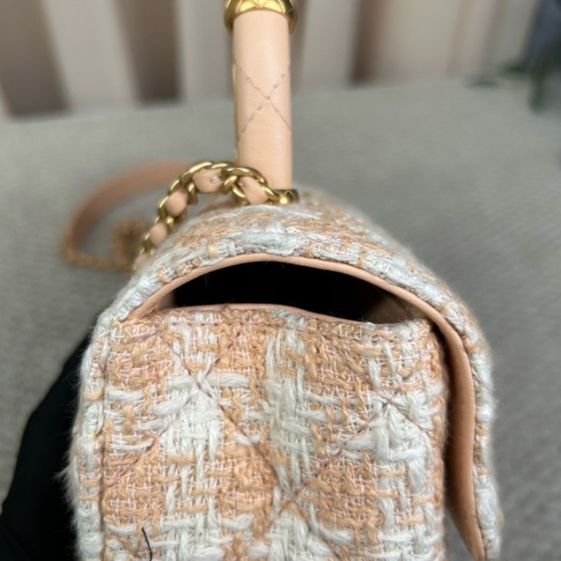 CHANEL香奈兒23S粉橘毛呢手柄鏈條包牛奶盒子 可愛又好看 細節感滿滿 可單肩可斜挎可手提 容量實用 日常百搭-12