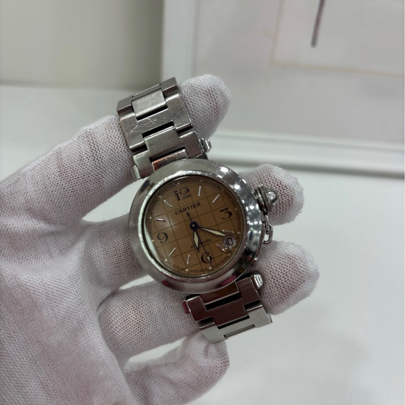 Cartier 卡地亞 ，帕莎PASHA DE CARTIER/自動機械機芯，鮭魚色格紋錶盤，錶盤 35 單錶-1
